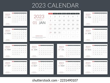 Plantilla de calendario 2023, planificador, 12 páginas, semana comienza el domingo, vector eps10 ilustración
