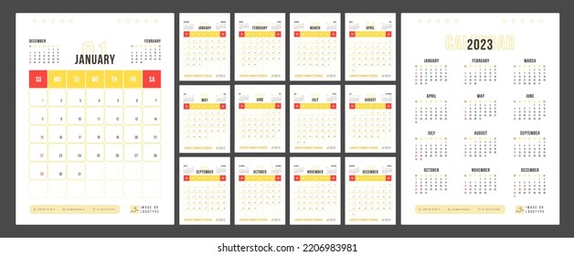 2023 calendar template. Red and yellow bright colors. Modern wall design.  Week starts on Sunday.  Corporate Trendy planner for American business. 
