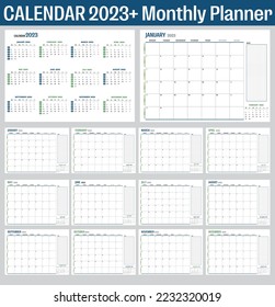  2023 calendar template. Vector planner calendar with notes and place for schedule. Monthly planner , Monthly Calendar, Minimal modern organizer for desktop or wall on Blue and green color.