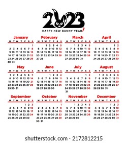 Plantilla de calendario 2023. Empieza la semana el lunes. Diseño de calendario en blanco y negro, vacaciones en colores. Vector