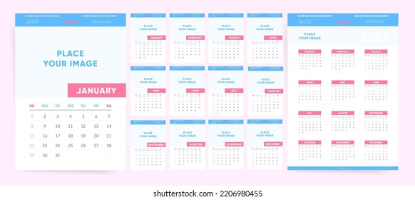 2023 calendar template. Week starts on Sunday. Modern blue and pink calendar for 2023 year. Wall annual organizer calendar in trendy style. Vector template. 