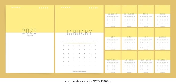 Kalendervorlage 2023 Die Woche fängt Sonntag an. Modernes monatliches Kalenderdesign für den Druck. Satz von 12 Seiten Schreibtisch oder Wandkalender. Cute Molkerei Design im minimalistischen Stil.