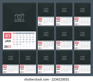 2023 Calendar template, week starts on Sunday, a3 size, place for your photo, vector eps10 illustration