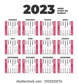 Plantilla de calendario 2023 con semanas que comienzan el domingo
