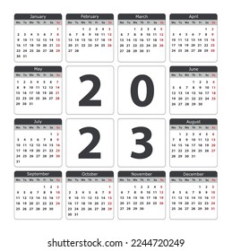 2023 calendar template.Vector calendar for 2023 year.Week starts monday.