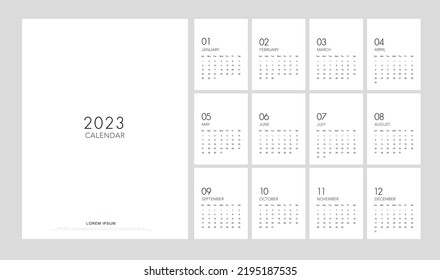 2023 Calendar Trendy Minimalist Style. Classic minimal calendar planner design for printing template set of 12 pages desk calendar. vector illustration
