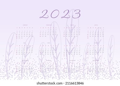 2023 calendar trendy very peri lavender palette with hand drawn botanical elements.