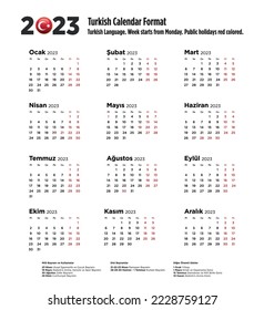 2023 calendar in Turkish language. Week starts from Monday. Public holidays red colored. Vector Illustration.