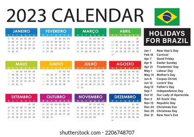 2023 Calendar Vector, brazilian version With Holidays	Light