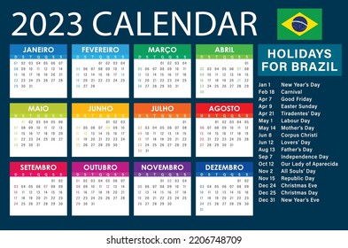 2023 Calendar Vector, brazilian version With Holidays	Dark