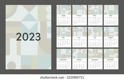 2023 Kalender, Vektordesign-Vorlage, geometrisches Design. Kalender auf Deutsch. Die Woche beginnt am Montag.