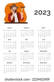 2023 calendar vector design template, simple and clean design with a man. Calendar in German. The week starts on Monday.