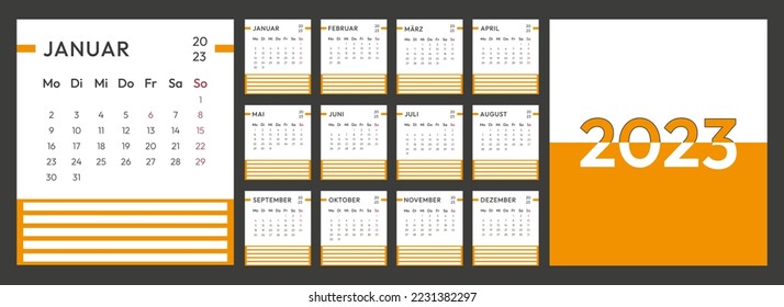 2023 calendar vector design template, simple and clean design. Calendar in German with space for notes. The week starts on Monday.	