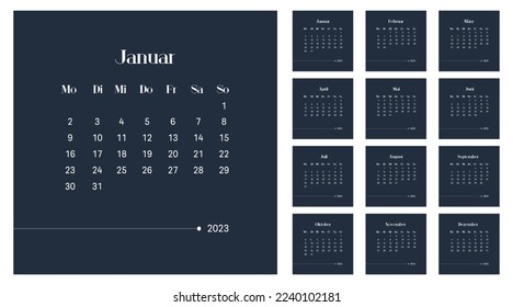 2023 calendar vector design template, simple and clean design. Calendar in German. The week starts on Monday.