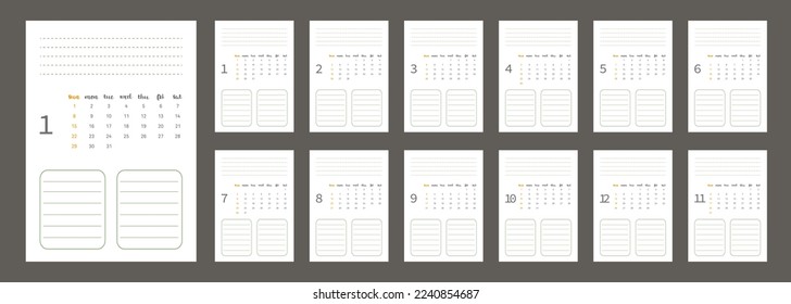 2023 Kalender Vektordesign-Vorlage, einfach und sauber Design. Kalender mit Platz für Notizen. Die Woche beginnt am Sonntag.
