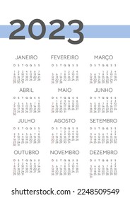 Plantilla de diseño vectorial de calendario 2023, diseño simple y limpio. Calendario en portugués. La semana empieza el domingo.