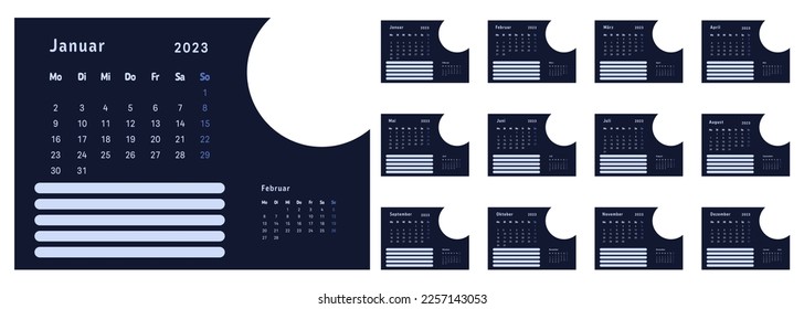 2023 calendar vector design template, simple and clean design. Calendar in German with space for notes. The week starts on Monday.	
