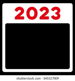2023 Calendar vector icon. Style is bicolor flat symbol, red and white colors, rounded angles, black background.