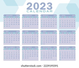 2023 calendar vector illustration. starts on sunday. 2023 calendar template. Calendar design in elegant colors.