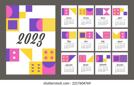 calendario 2023. la semana empieza el domingo. Calendario de pared para 2023 con patrones geométricos.Plantilla de impresión.