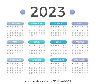 2023 Calendar, week starts on Monday, vector eps10 illustration
