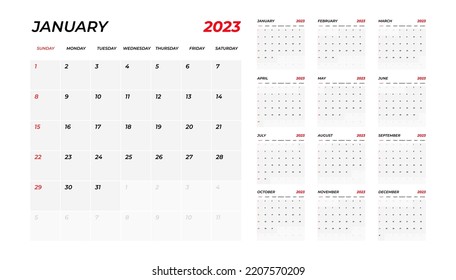 2023 Calendar. The week starts on Sunday. Annual calendar 2023 template. Calendar design in black and white colors, Sunday in red colors. Calendar planning week. vector