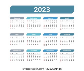 2023 Calendar, week starts on Sunday, vector eps10 illustration