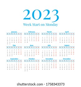 2023 Calendar with the weeks start on Monday