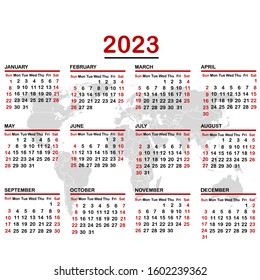 World Calendar 2023 2023 Calendar World Map Stock Vector (Royalty Free) 1602239362 |  Shutterstock