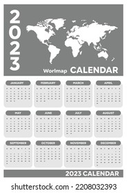2023 calendar with world map and in grey, perfect for office, company, school, social media, advertising, printing and more