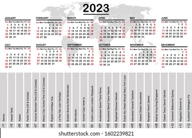 2023 calendar with world map and time zones