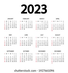 2023 Calendar year vector illustration. The week starts on Sunday. Annual calendar 2023 template. Calendar design in black and white colors, Sunday in red colors. Vector