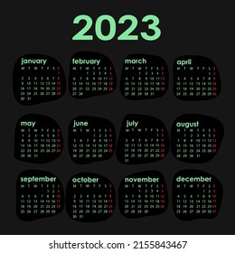 2023 Calendar year vector illustration. The week starts on Sunday. Annual calendar 2023 template. Calendar design in black and white colors, Sunday in red colors.