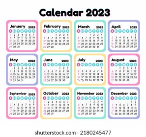 2023 Calendar year vector illustration. The week starts on Sunday. Annual calendar 2023 template. Calendar design  colorful. 