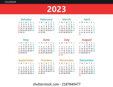 2023 Calendar year vector illustration. The week starts on Sunday. Annual calendar 2023 template.
