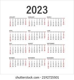 2023 Calendar year vector illustration. The week starts on Sunday. Annual calendar 2023 template.