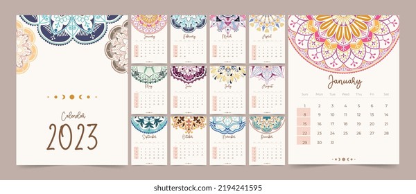 2023 Calendar year vector illustration. The week starts on Sunday. Annual calendar 2023 template.