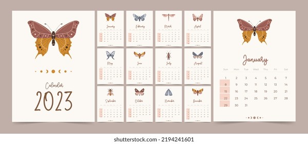 2023 Calendar year vector illustration. The week starts on Sunday. Annual calendar 2023 template.