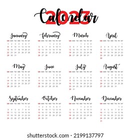 2023 Calendar year vector illustration. The week starts on Sunday. Annual calendar 2023 template. Calendar design in black and white colors.
