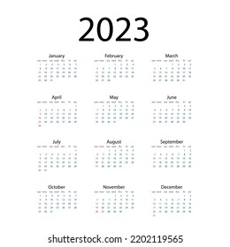  2023 Calendar year vector illustration. The week starts on Sunday. Annual calendar 2023 template. Calendar design in black and white colors, Sunday in red colors. Vector