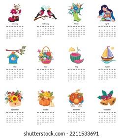 2023 Calendar year vector illustration. Vertical design with cute color art. Editable illustration page template A4