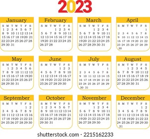 2023 Calendar year vector illustration. The week starts on Sunday. Annual calendar 2023 template
