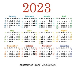 Ilustración vectorial del año civil 2023. La semana empieza el domingo. plantilla del calendario anual de 2023