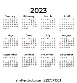 2023 Calendar year vector illustration. The week starts on Sunday. Annual calendar 2023 template. Calendar design in black and white colors, Sunday in red colors. Vector