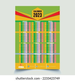 2023 Calendar year vector illustration. The week starts on Sunday. Annual calendar 2023 template.