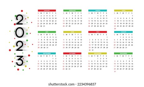 2023 Kalenderjahr, Vektorgrafik. Die Woche beginnt am Sonntag. Vorlage für den Jahreskalender 2023. Kalender-Design mit minimalistischem Design, Sonntag in roten Farben. Vektorgrafik