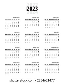 2023 Calendar year vector illustration. The week starts on Monday. Annual calendar 2023 template.