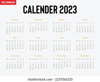 2023 calendar year vector illustration. Annual calendar 2023 template. Calendar design in black and white colors, Sundays in red. EPS 10 vector, editable, free to use.
