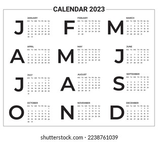 2023 Calendar year vector illustration. The week starts on Monday. Annual calendar 2023 template.