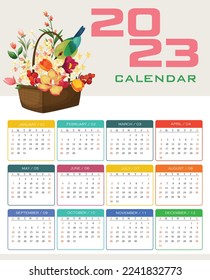 2023 Calendar year vector illustration. The week starts on Sunday. Annual calendar 2023 template.
